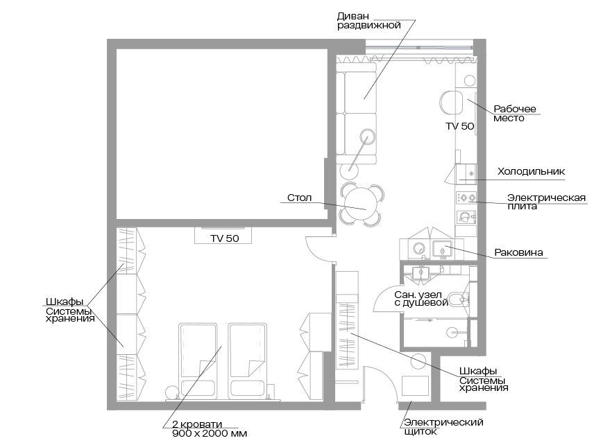Планировка: 1-комн. квартира 59.50 м² в новостройке Велл Московский