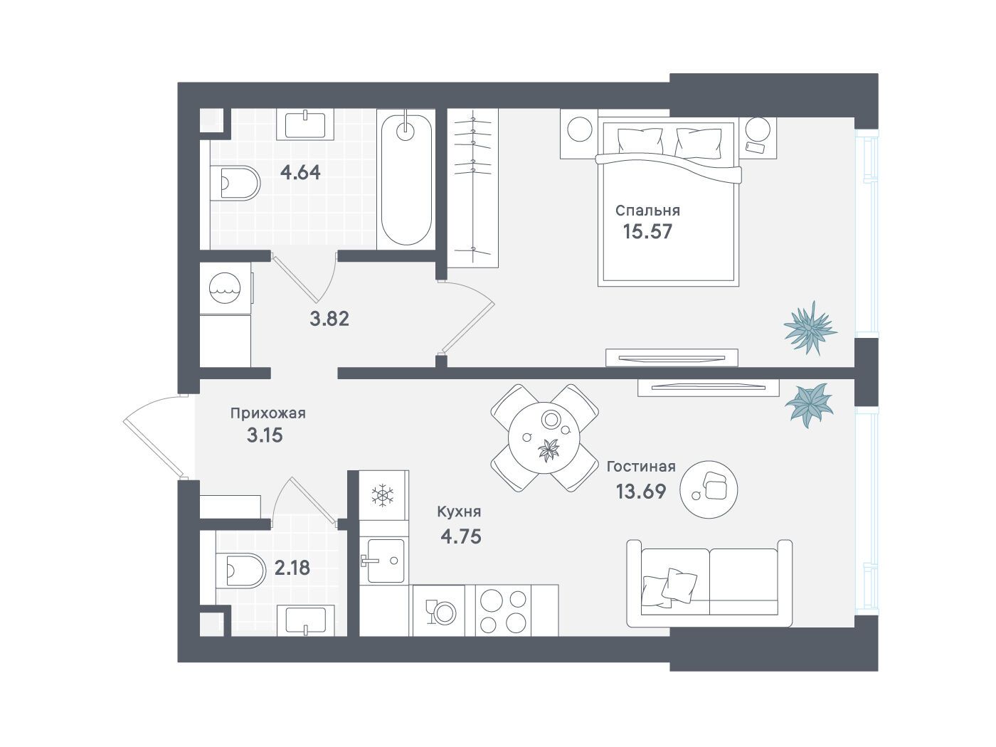 Планировка: 1-комн. квартира 47.80 м² в новостройке ЖК Солос