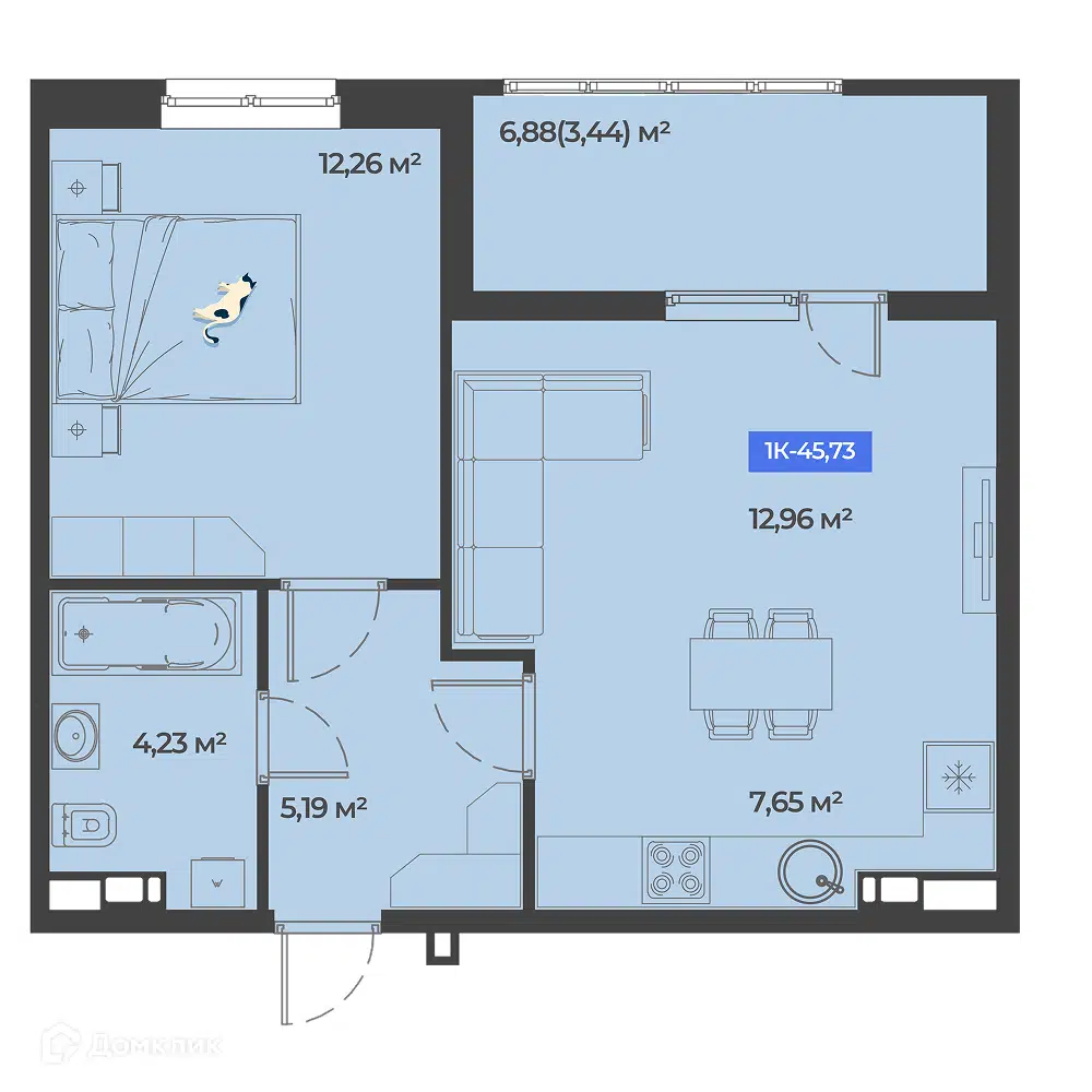 Планировка: 1-комн. квартира 45.73 м² в новостройке Соловей