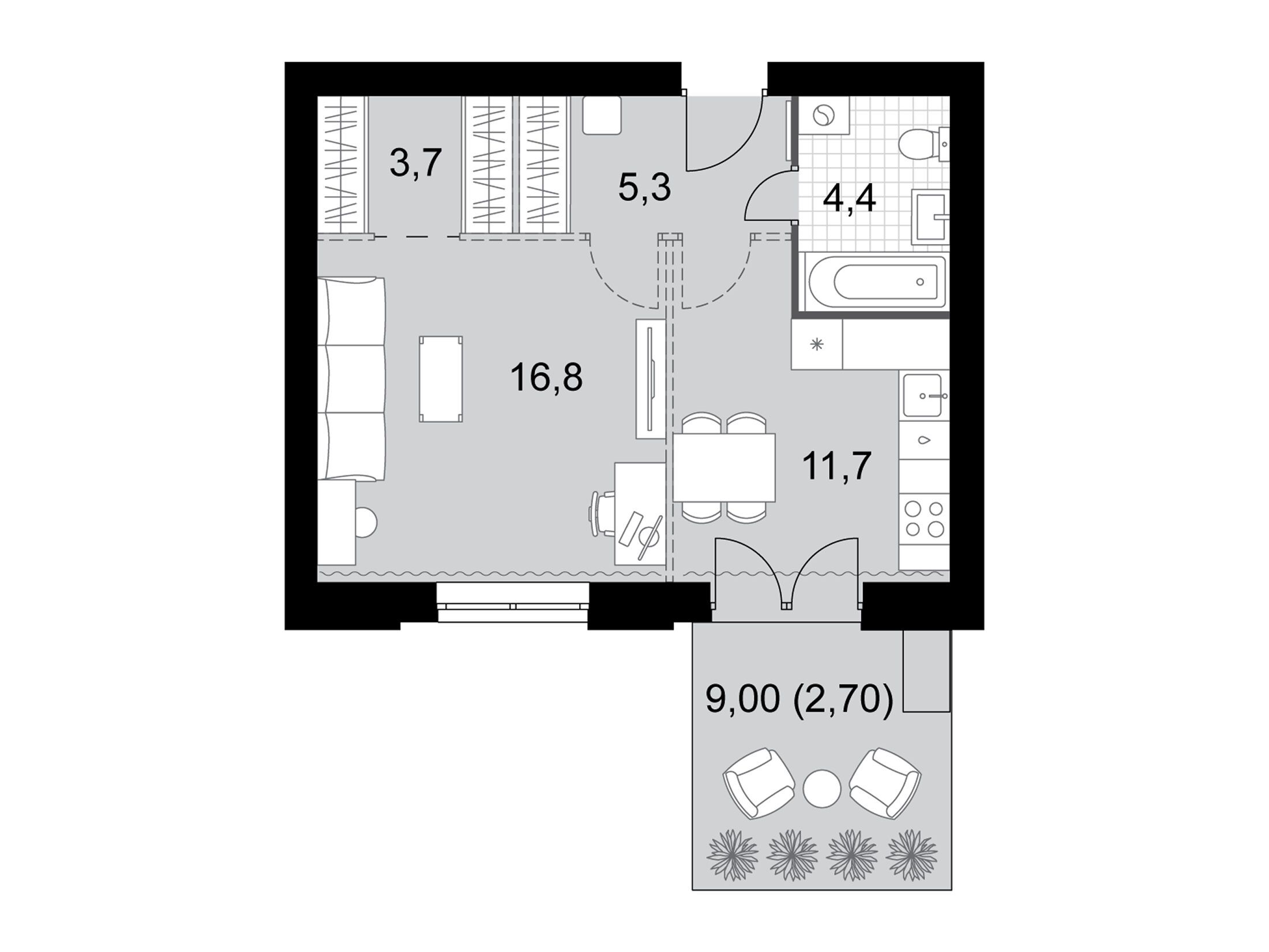 Планировка: 1-комн. квартира 44.60 м² в новостройке Дубровицы клаб