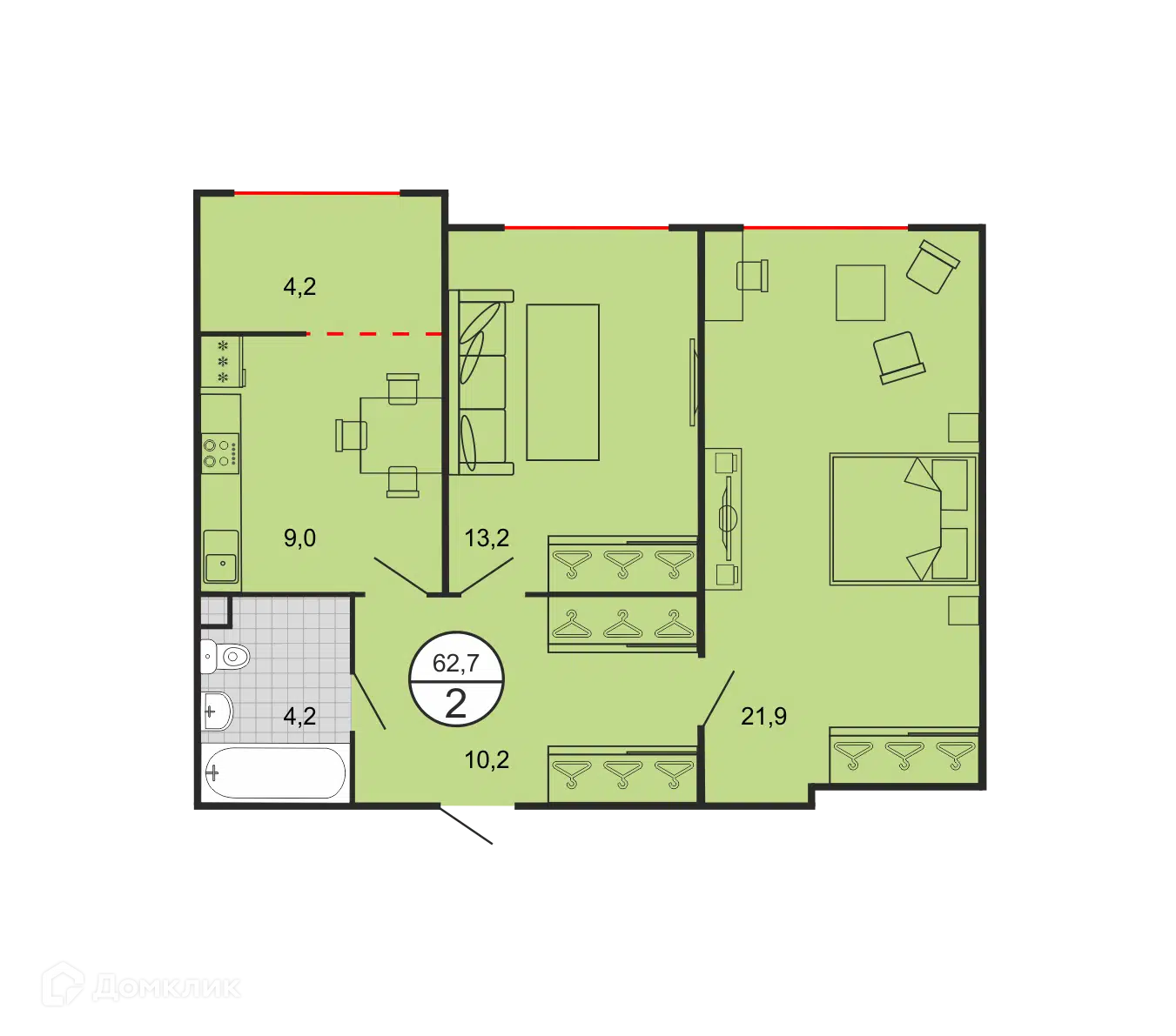 Планировка: 2-комн. квартира 62.70 м² в новостройке По ул. Филатова