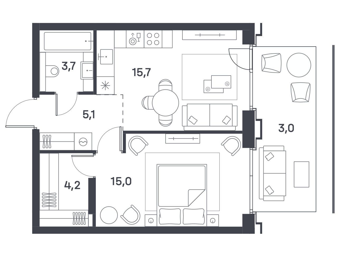 Планировка: 1-комн. квартира 44.60 м² в новостройке Портленд. Дом на берегу