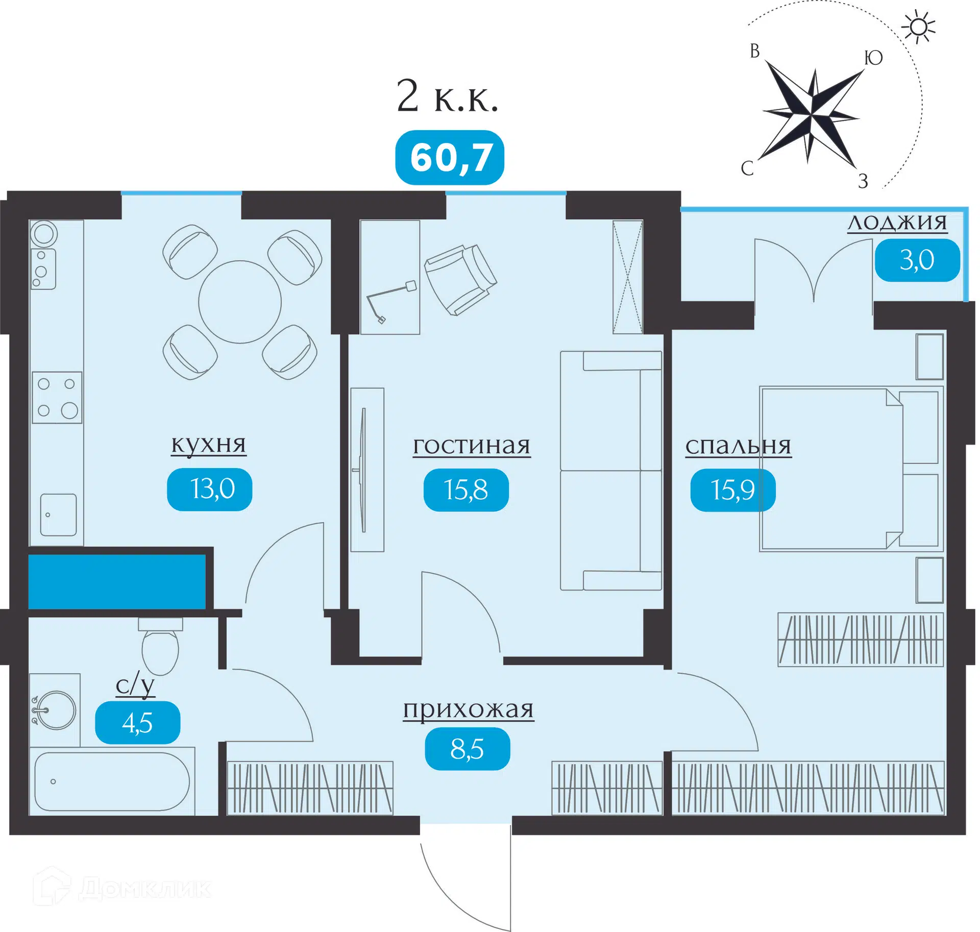 Планировка: 2-комн. квартира 60.70 м² в новостройке Кристалл