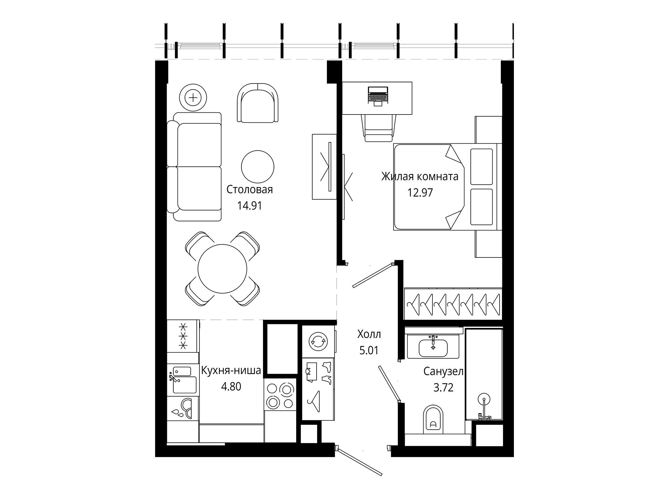 Планировка: 1-комн. квартира 41.40 м² в новостройке Мод