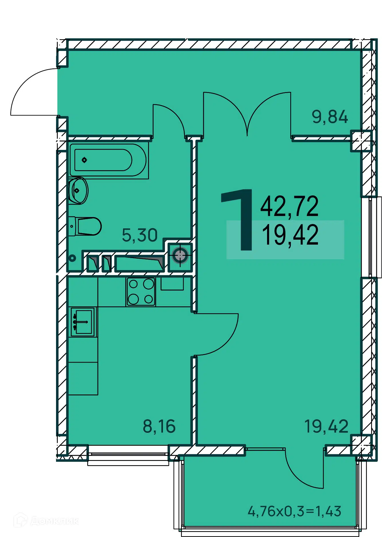 Планировка: 1-комн. квартира 43.46 м² в новостройке Две реки