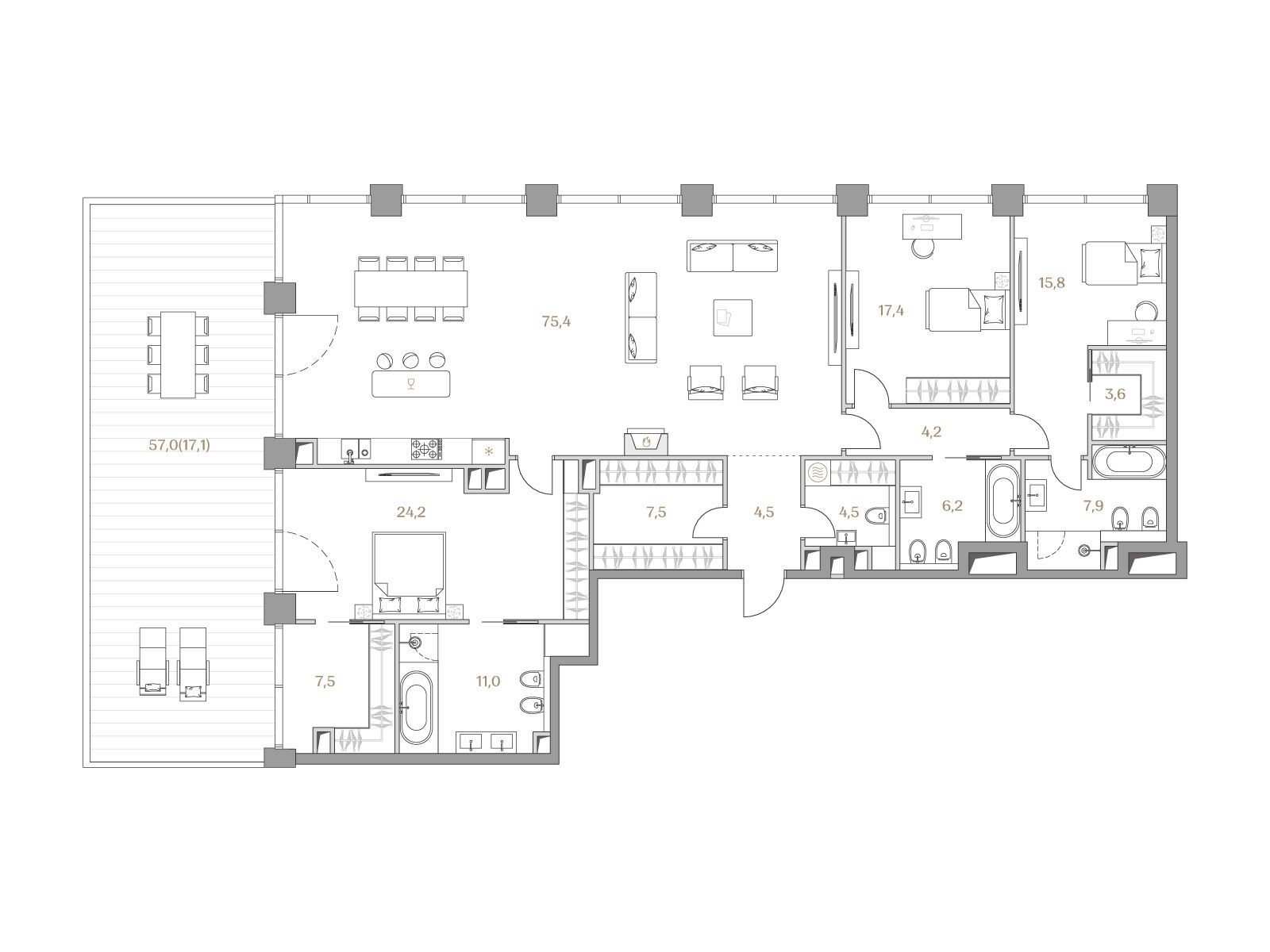 Планировка: 3-комн. квартира 206.80 м² в новостройке Коллекция Лужники