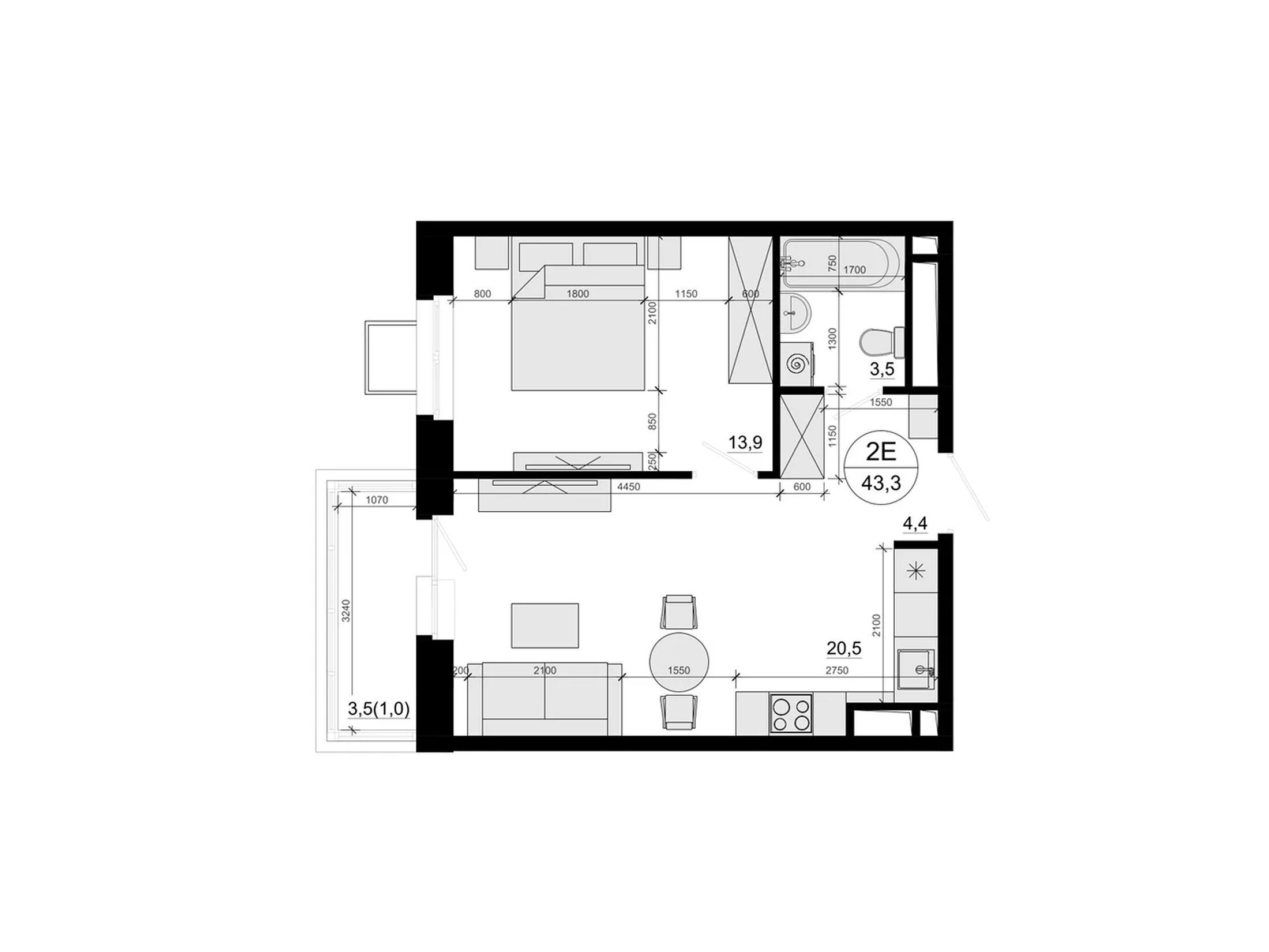 Планировка: 1-комн. квартира 43.30 м² в новостройке ЖК Одинцовские кварталы