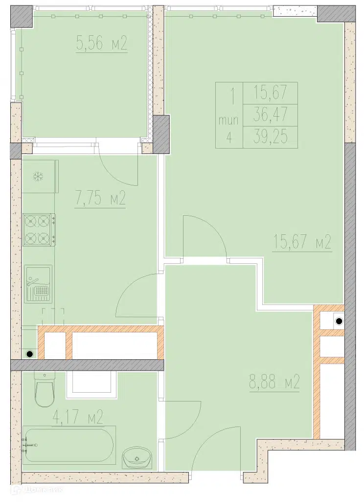 Планировка: 1-комн. квартира 39.25 м² в новостройке Агой-парк