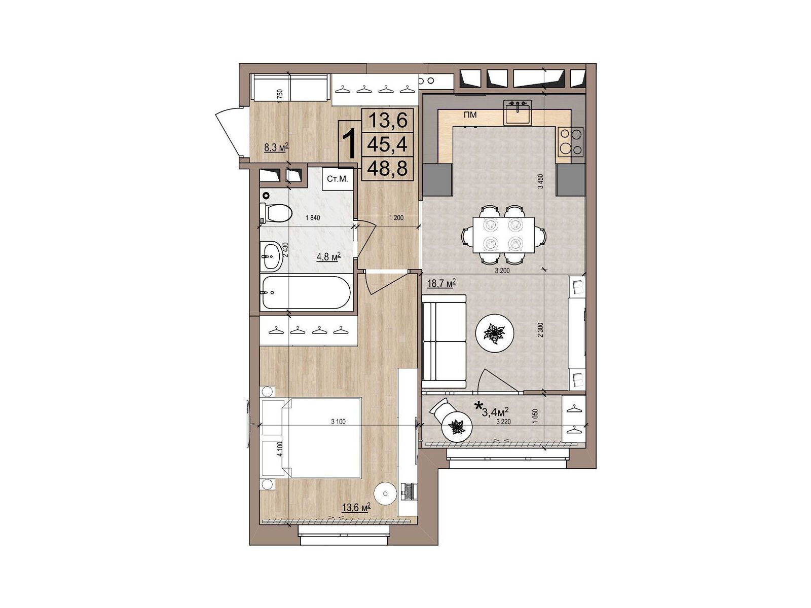 Планировка: 1-комн. квартира 48.80 м² в новостройке Гранд Комфорт