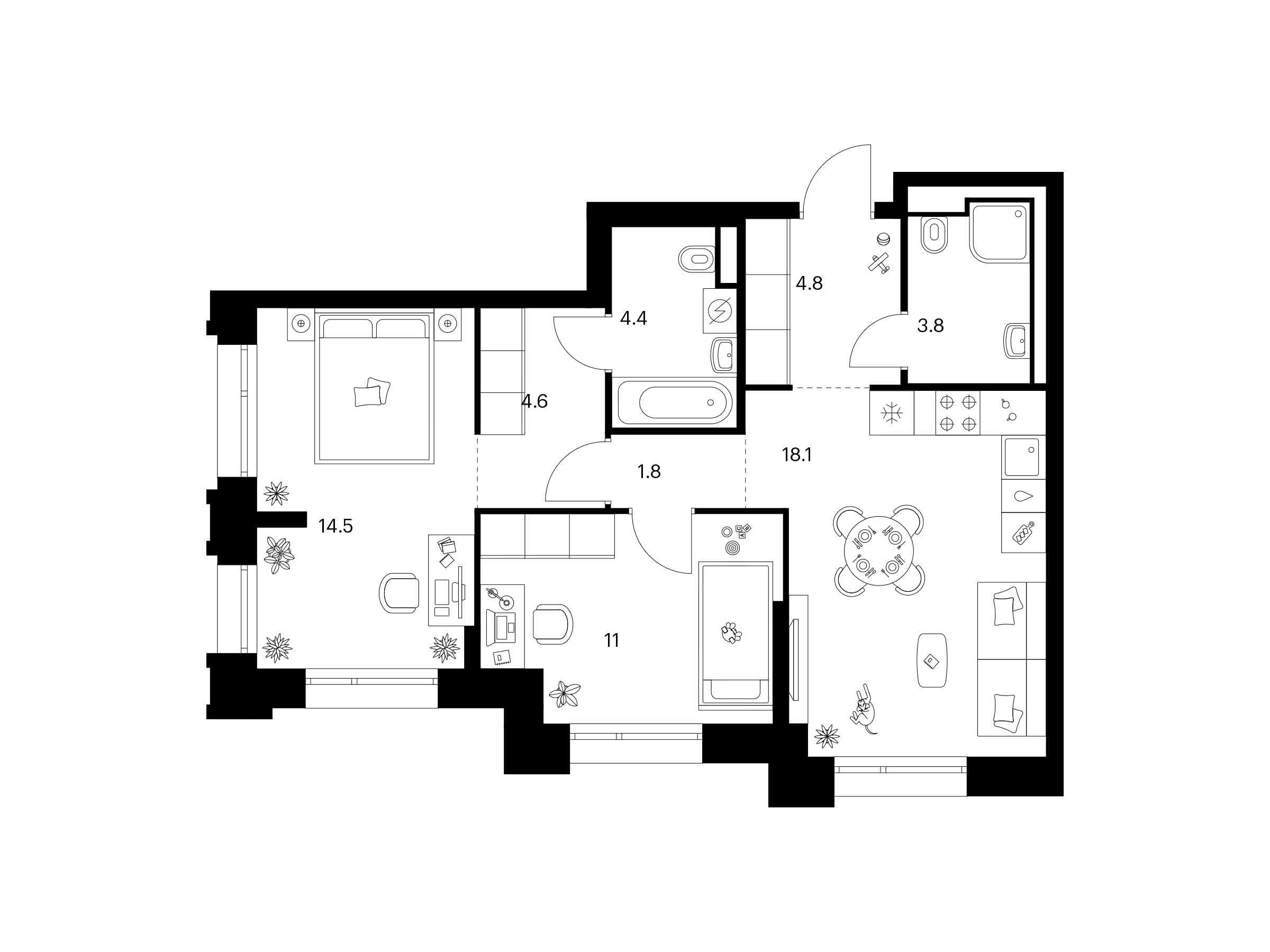 Планировка: 2-комн. квартира 63.00 м² в новостройке Середневский лес