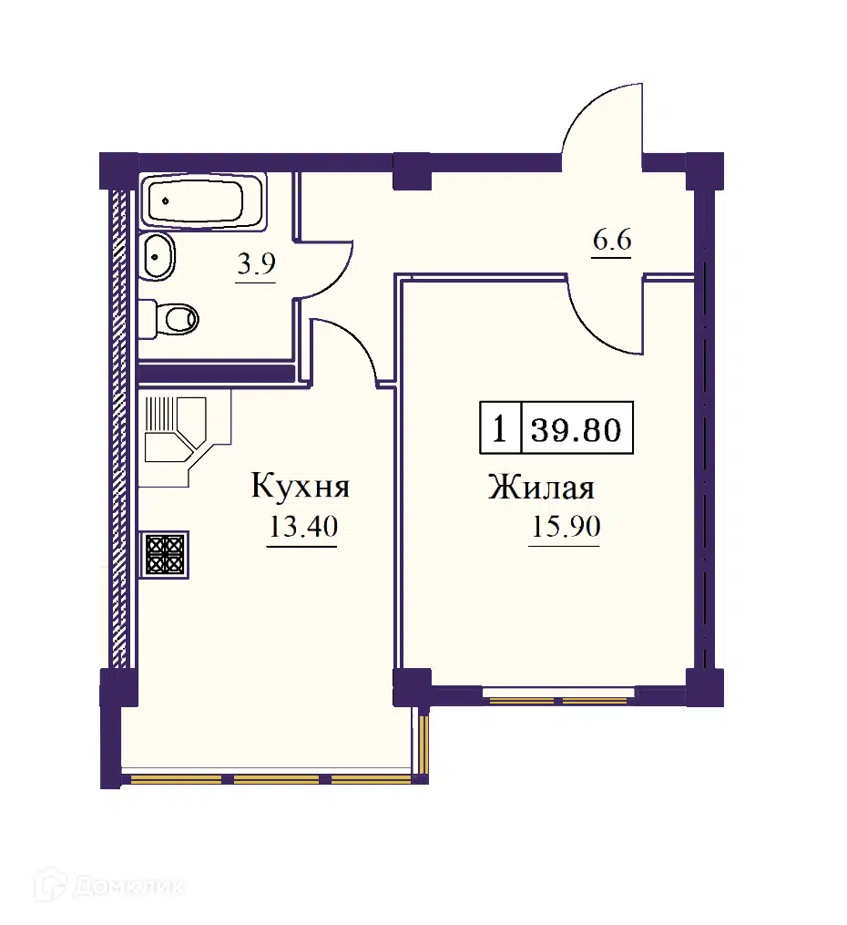 Планировка: 1-комн. квартира 39.80 м² в новостройке Новый город