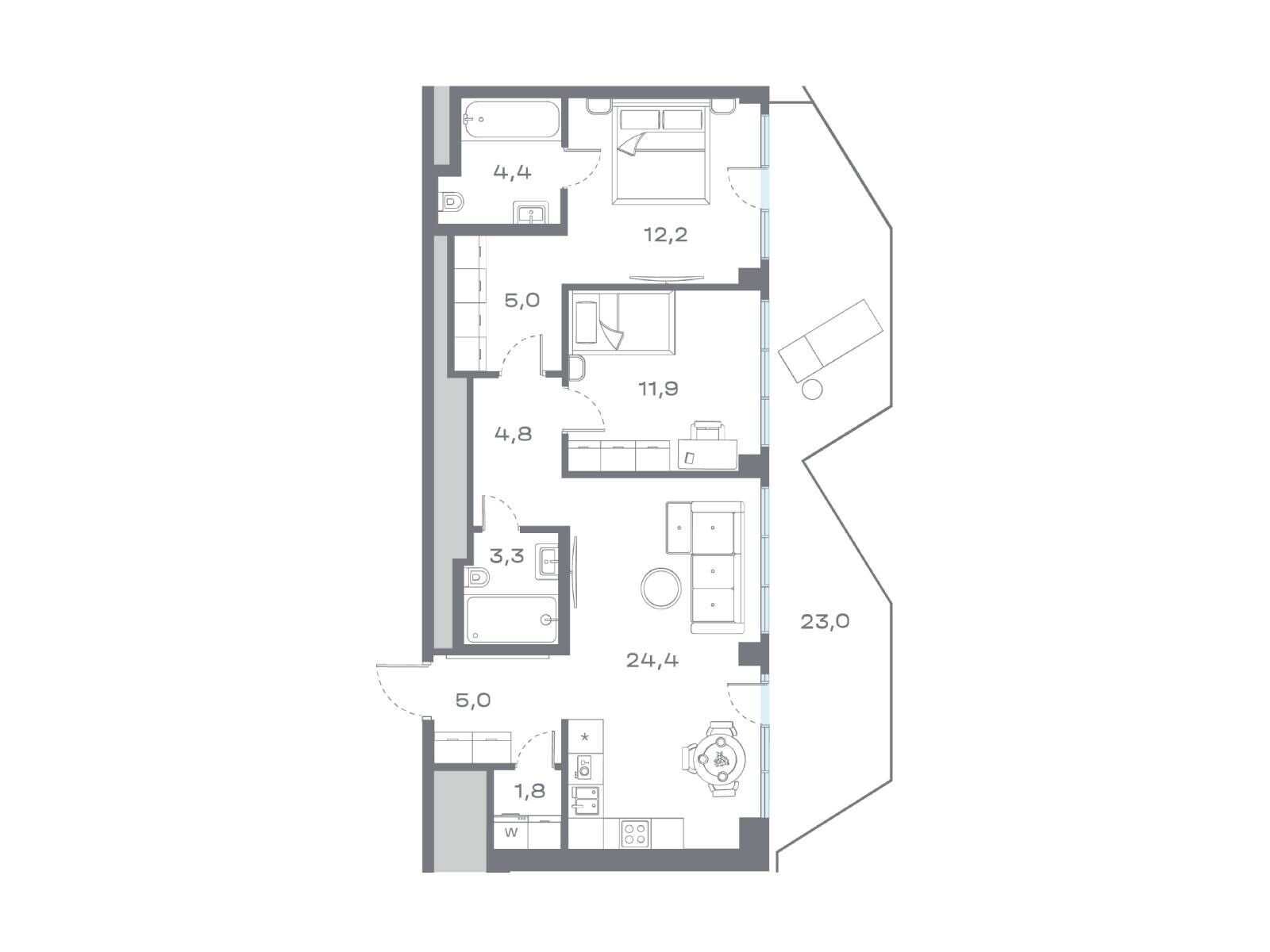 Планировка: 2-комн. квартира 79.66 м² в новостройке Дом Горизонтов