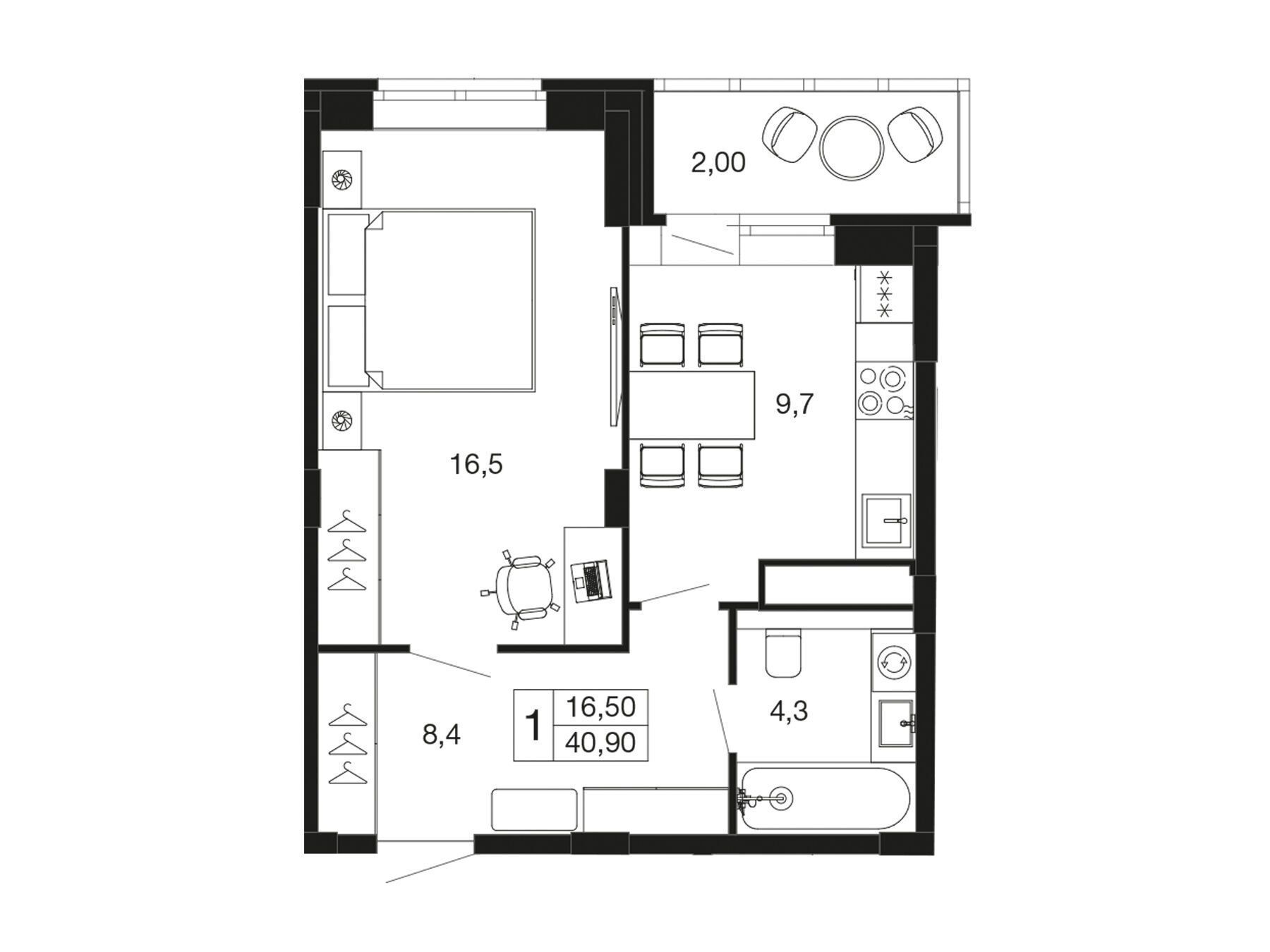 Планировка: 1-комн. квартира 38.90 м² в новостройке Времена года