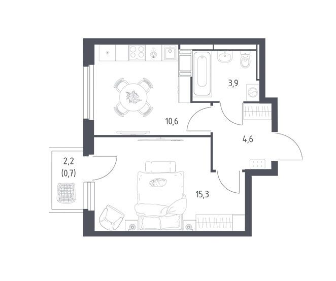 Планировка: 1-комн. квартира 34.60 м² в новостройке Мытищи Парк