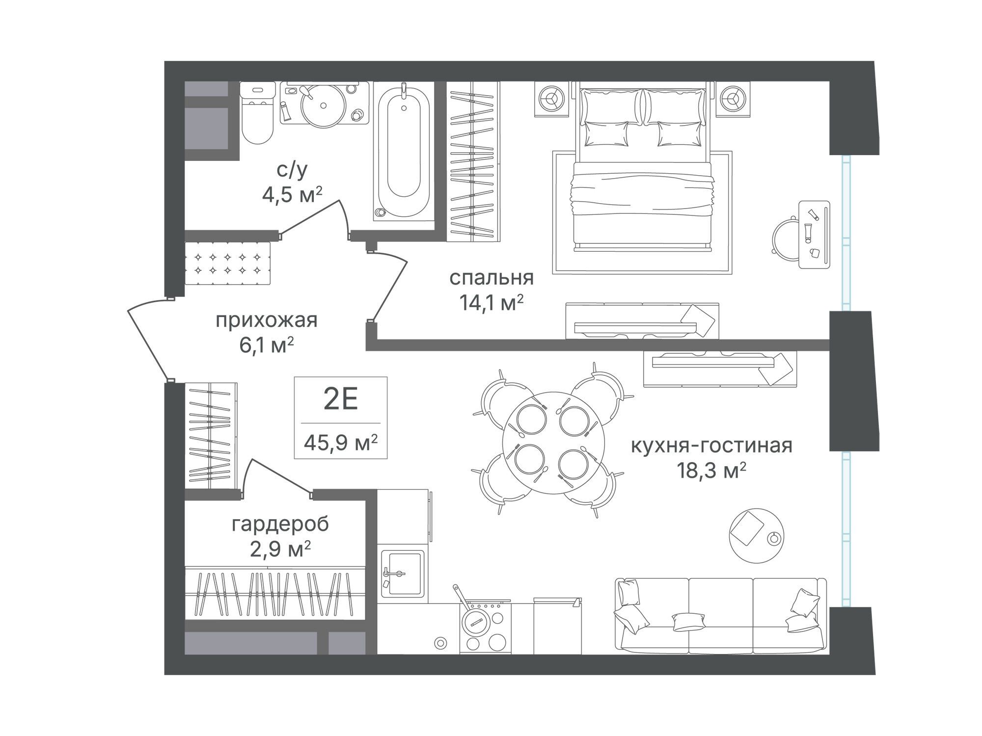 Планировка: 1-комн. квартира 46.10 м² в новостройке Семеновский парк 2