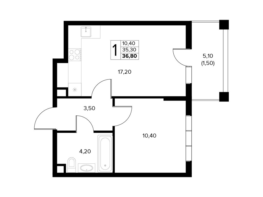 Планировка: 1-комн. квартира 36.80 м² в новостройке Кипарис