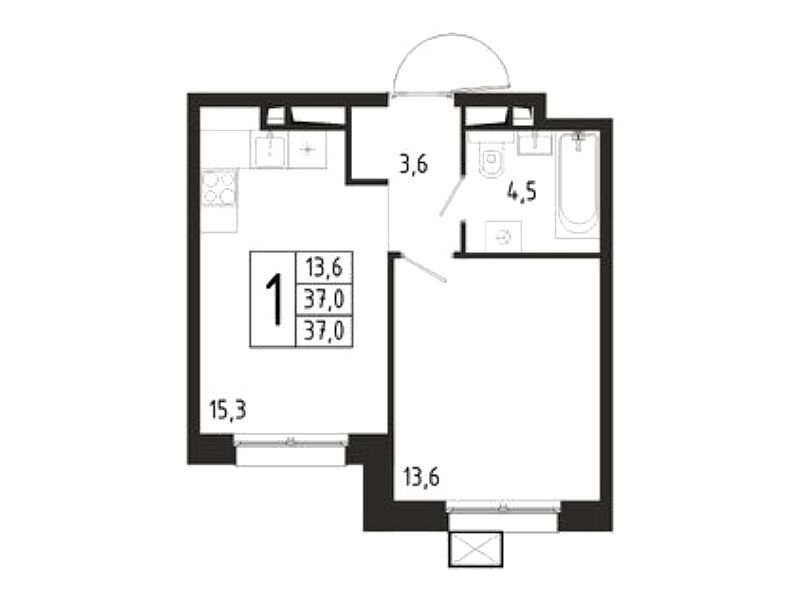 Планировка: 1-комн. квартира 37.00 м² в новостройке Берег