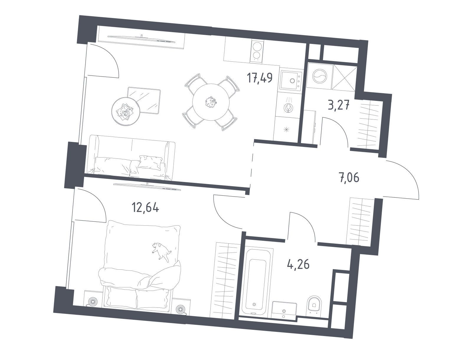 Планировка: 1-комн. квартира 44.72 м² в новостройке Квартал на воде