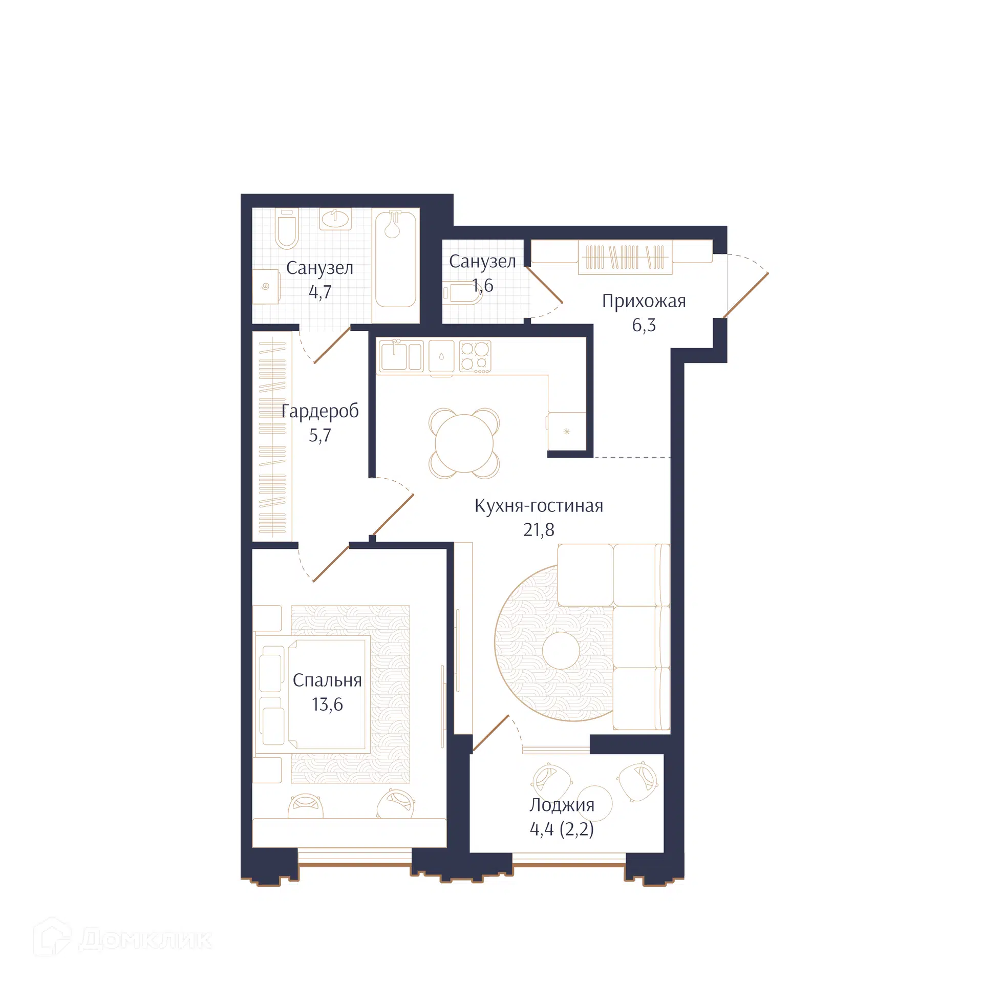 Планировка: 1-комн. квартира 55.90 м² в новостройке Брют Резиденс