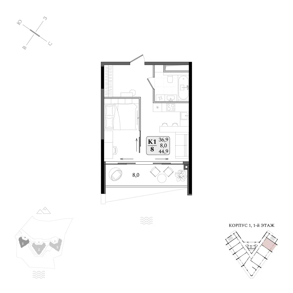 Планировка: Студия 44.90 м² в новостройке Апарт-комплекс Летто