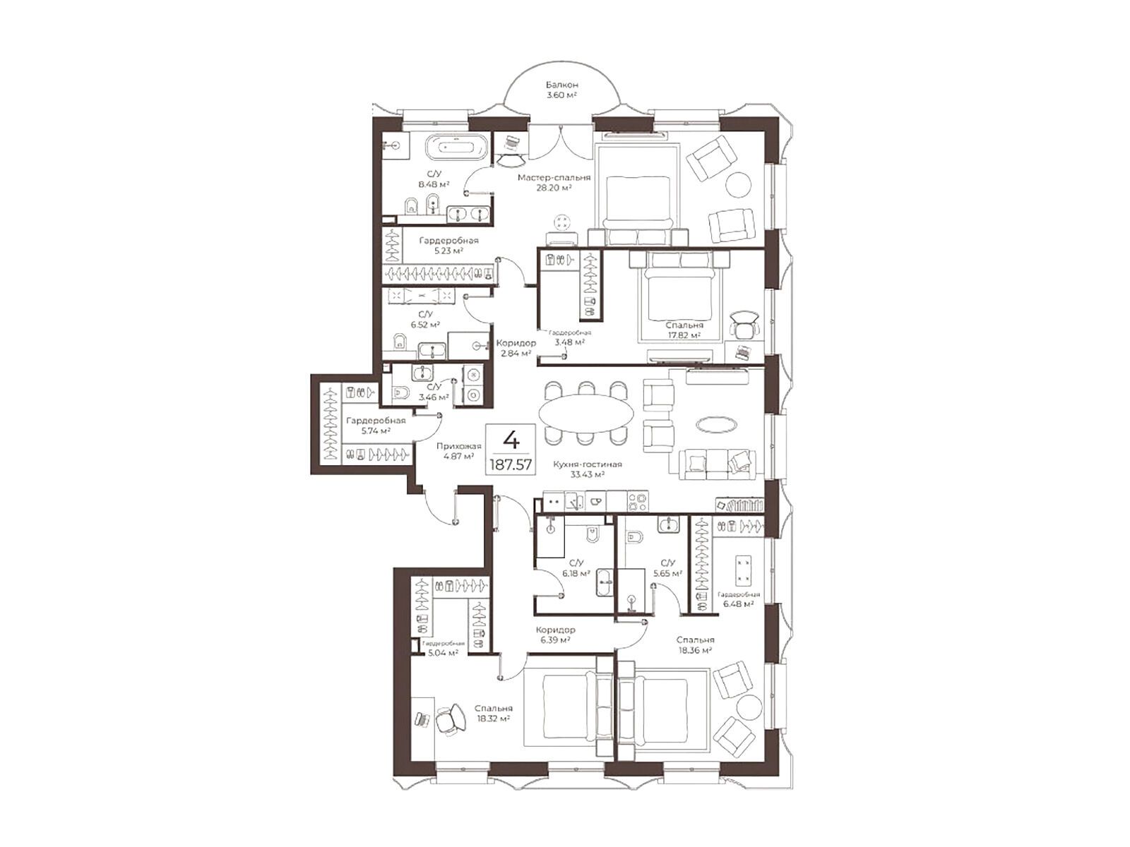 Планировка: 4-комнатная квартира 187.57 м² в новостройке Клубный дом Воронцовъ