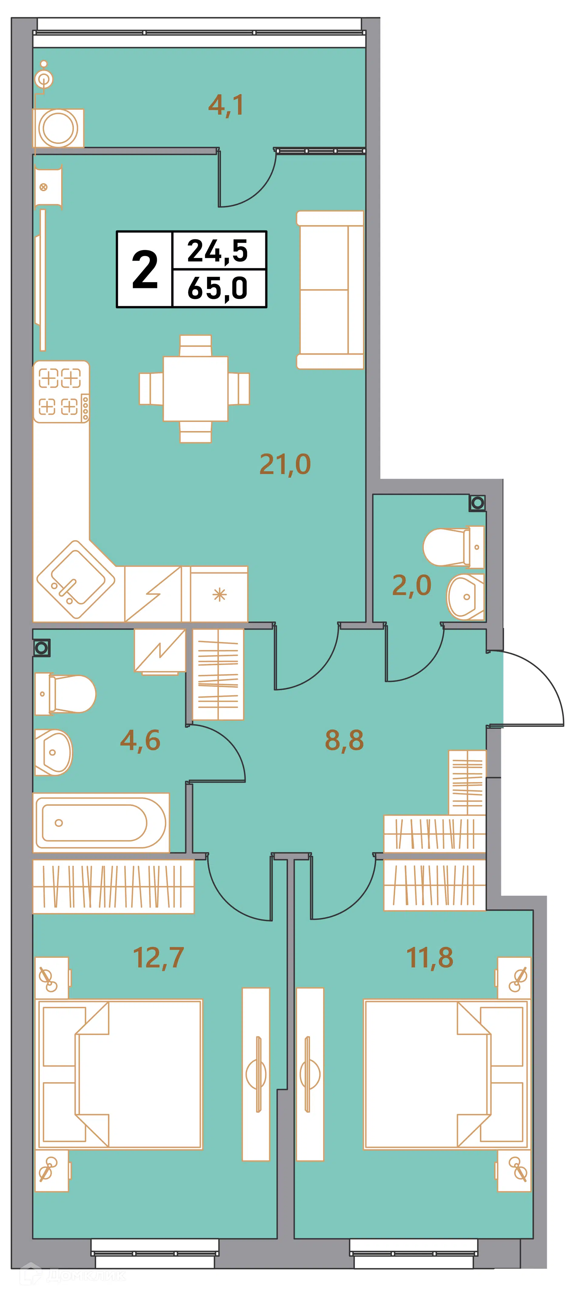 Планировка: 3-комн. квартира 65.00 м² в новостройке Фруктовый сад