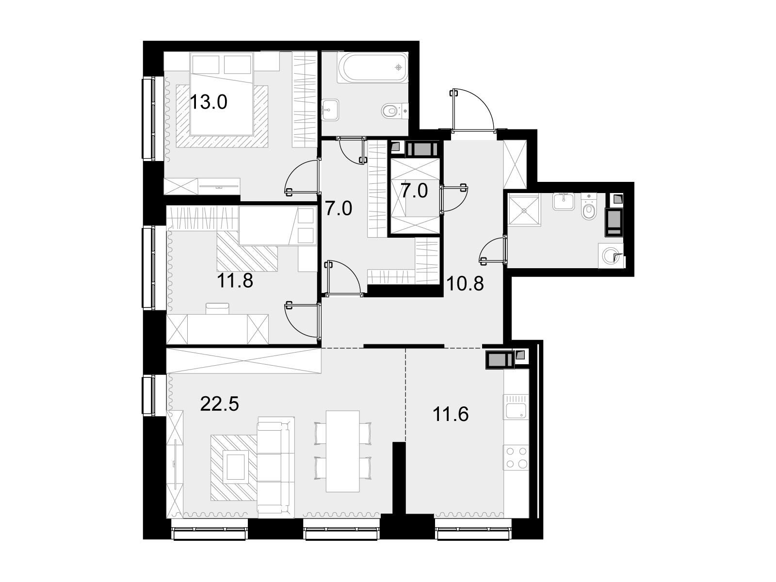 Планировка: 3-комн. квартира 87.70 м² в новостройке Трилогия Кристалл