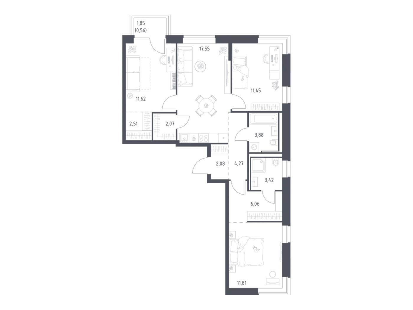 Планировка: 3-комн. квартира 77.28 м² в новостройке Литературный Квартал