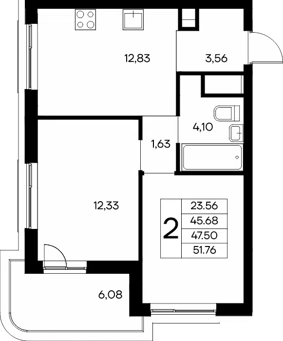 Планировка: 2-комн. квартира 51.76 м² в новостройке Новый судак