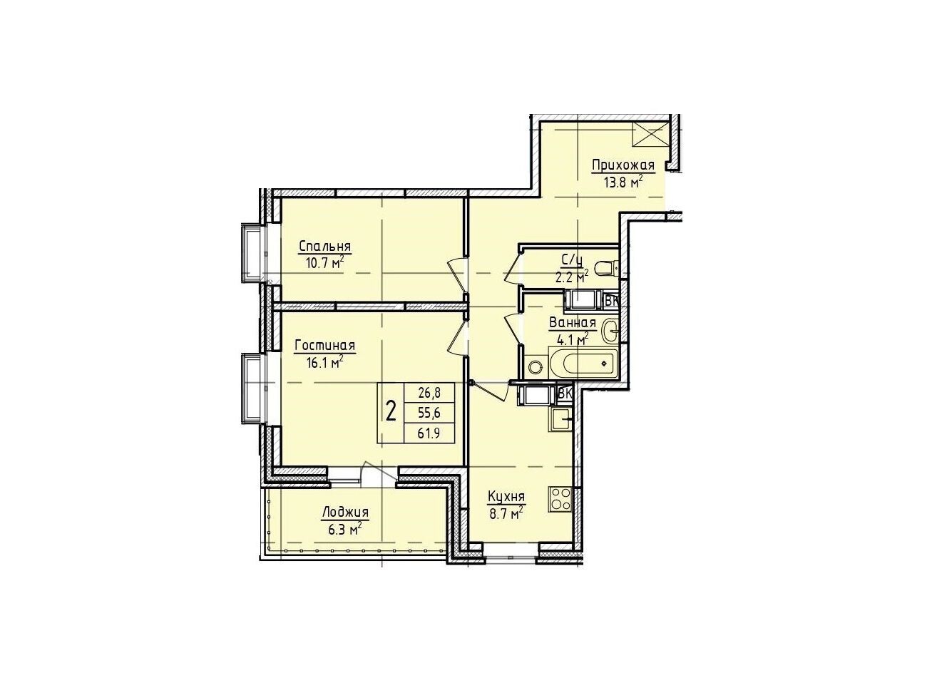 Планировка: 2-комн. квартира 61.90 м² в новостройке Пустовский