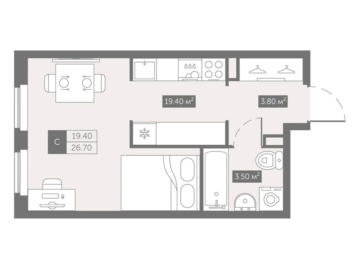 Планировка: Студия 26.70 м² в новостройке Зум на Неве