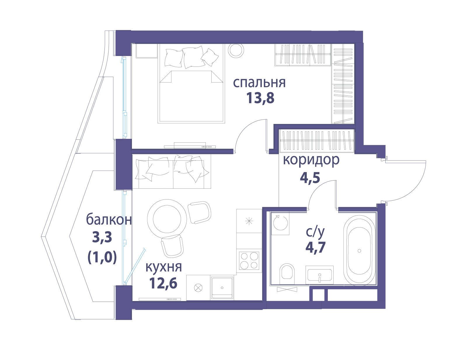 Планировка: 1-комн. квартира 36.60 м² в новостройке Символ