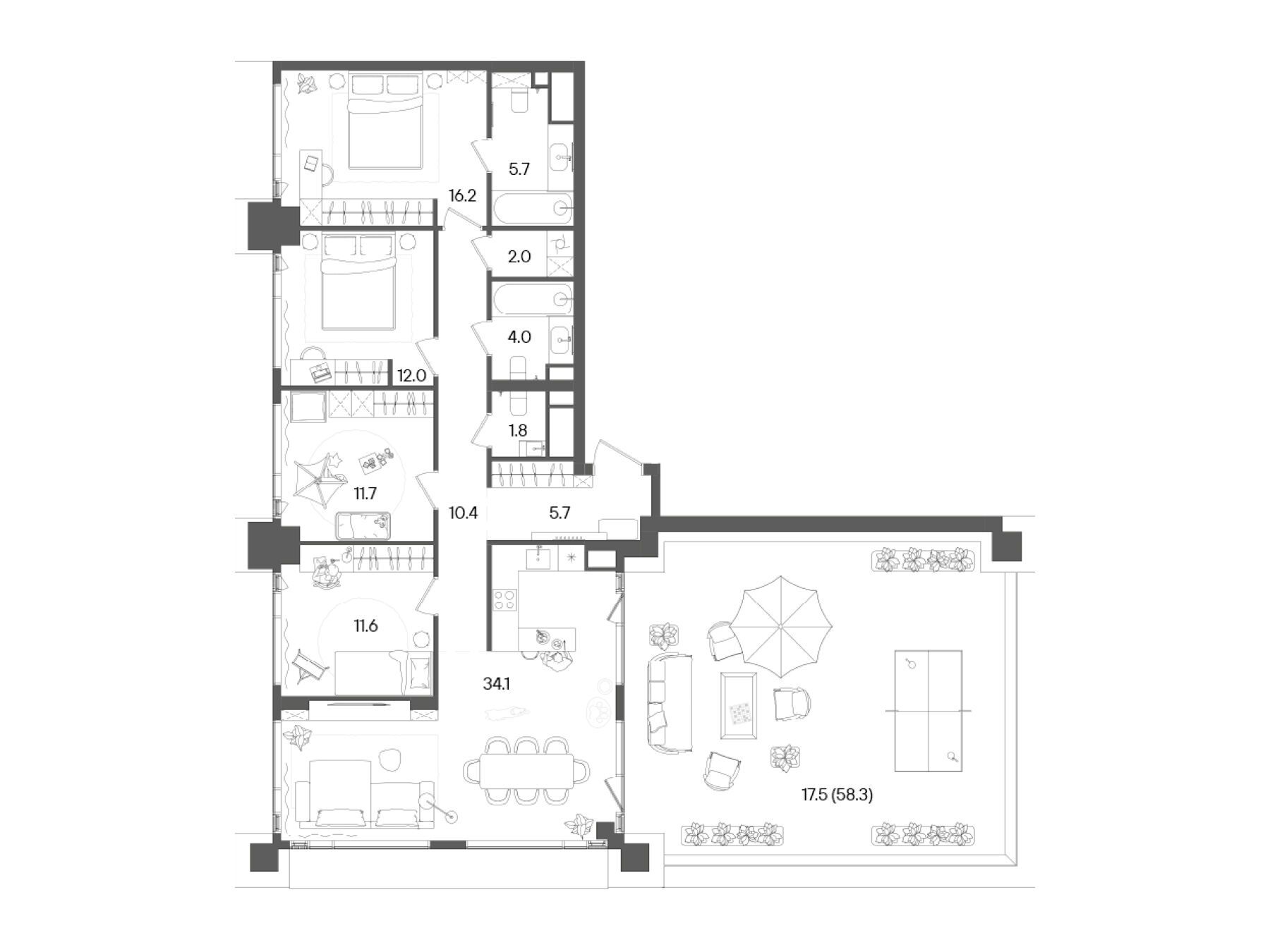 Планировка: 4-комн. квартира 132.70 м² в новостройке Стоун Грэйн