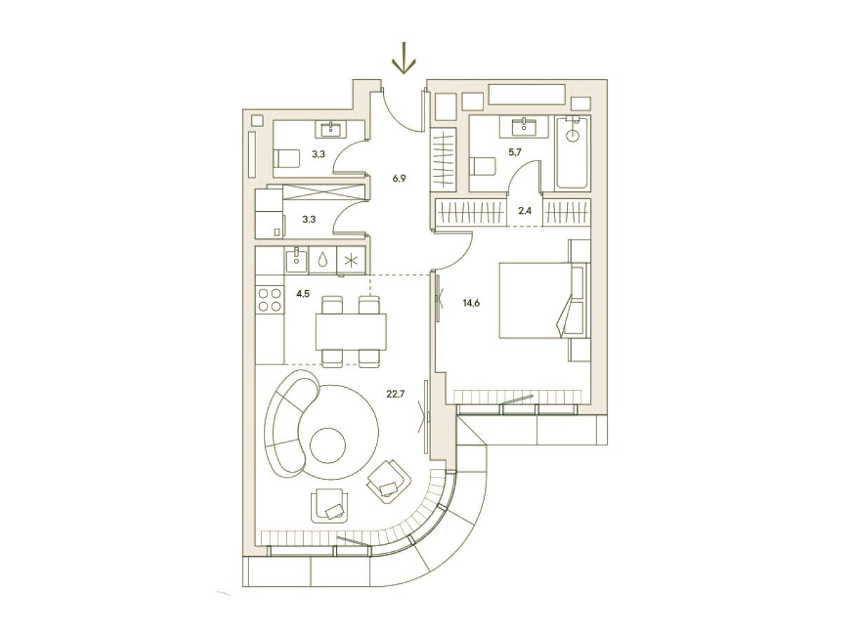 Планировка: 2-комн. квартира 64.40 м² в новостройке Спрингс