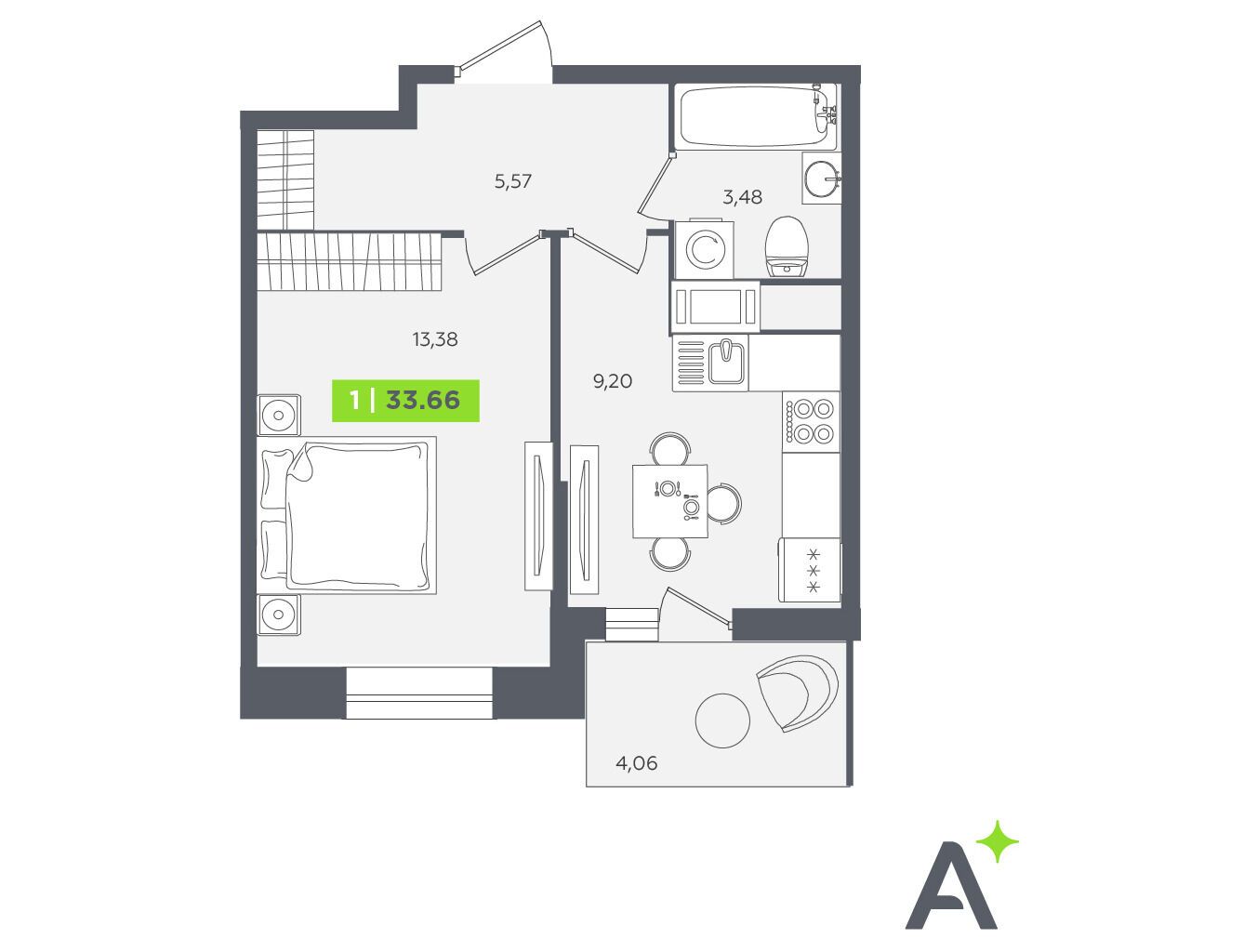 Планировка: 1-комн. квартира 33.10 м² в новостройке Аквилон Сторис