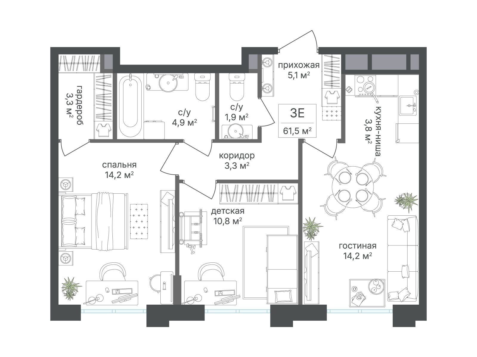 Планировка: 3-комн. квартира 61.50 м² в новостройке ЖК Михалковский