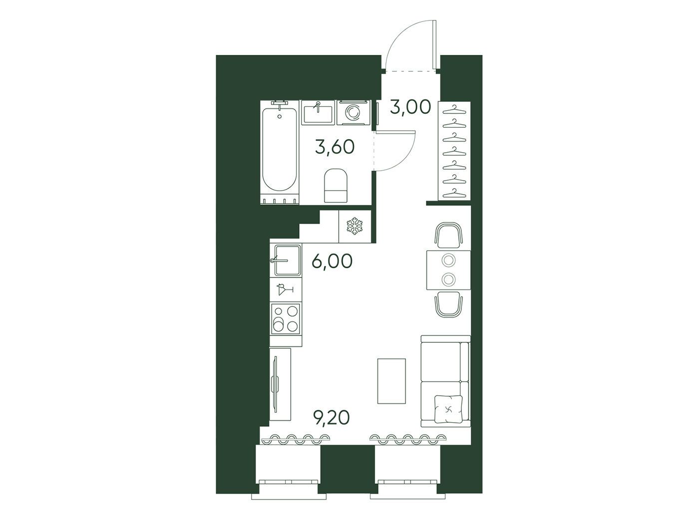 Планировка: Студия 21.80 м² в новостройке Моисеенко 10