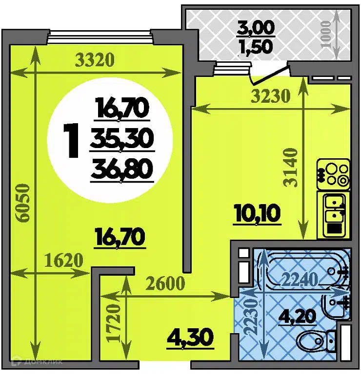 Планировка: 1-комн. квартира 36.80 м² в новостройке Парк у дома