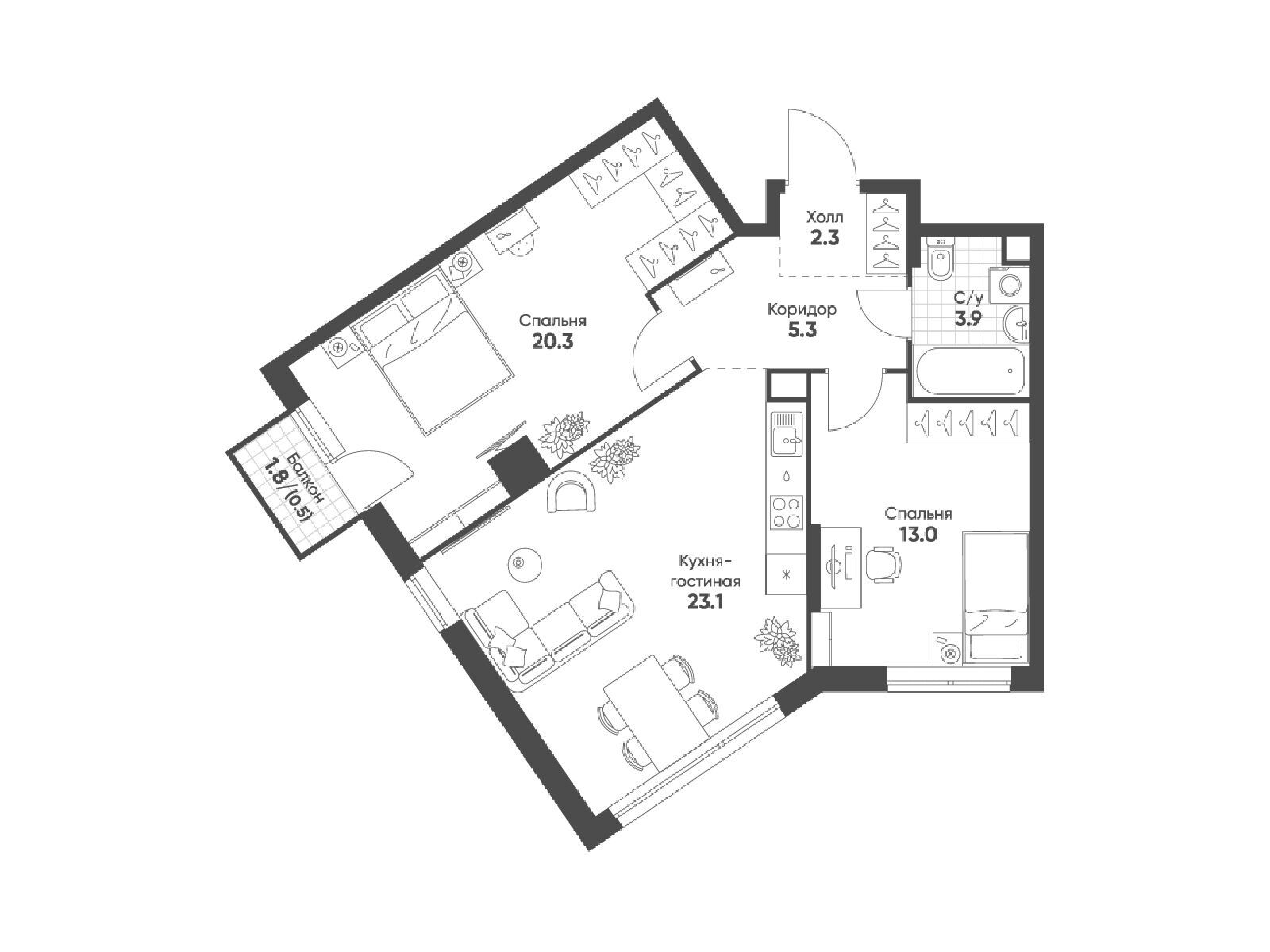 Планировка: 2-комн. квартира 68.40 м² в новостройке Соколин парк
