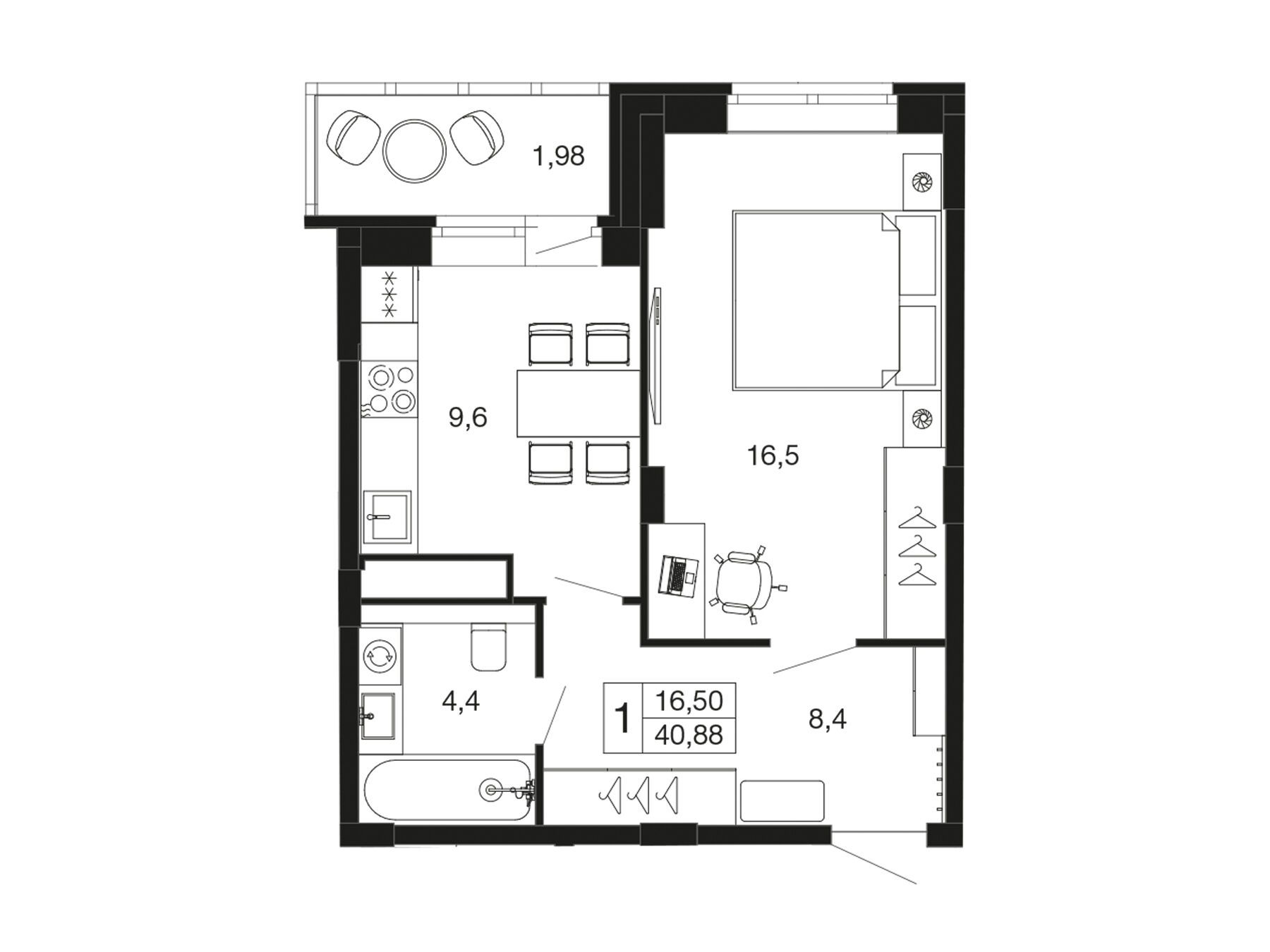 Планировка: 1-комн. квартира 40.90 м² в новостройке ЖК Времена года (Апрелевка)