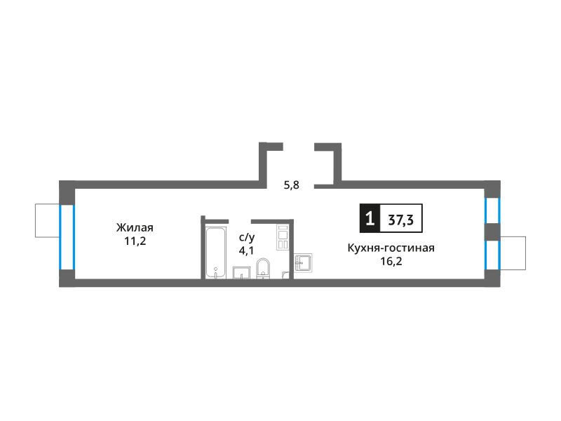 Планировка: 1-комн. квартира 37.30 м² в новостройке Никольский квартал Отрада