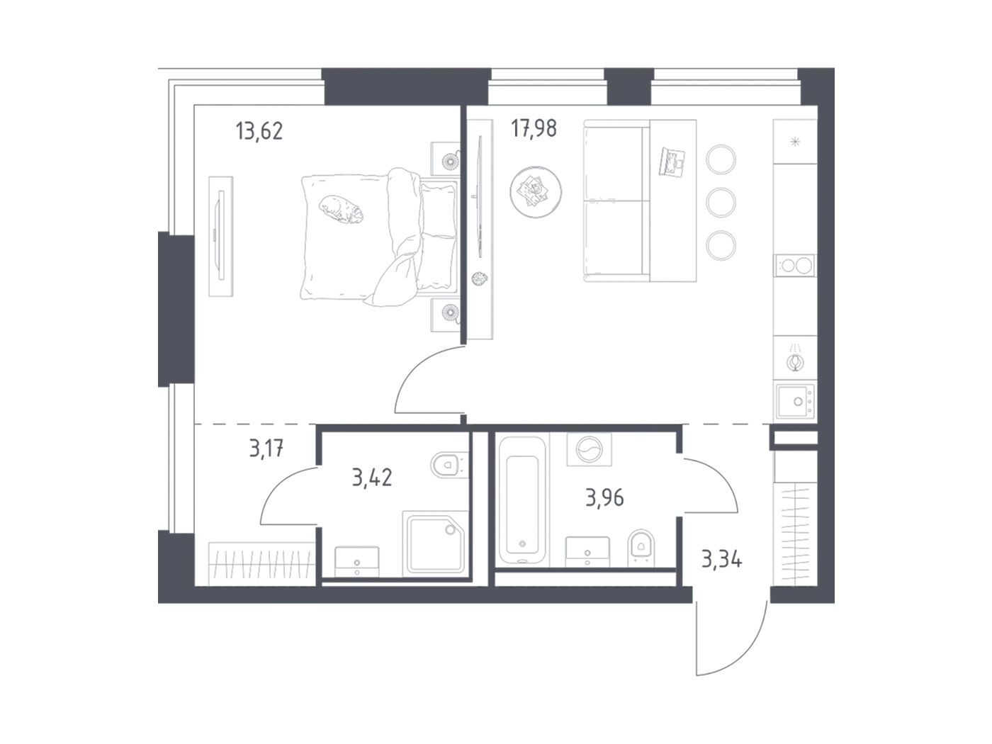 Планировка: 1-комн. квартира 45.49 м² в новостройке Литературный Квартал