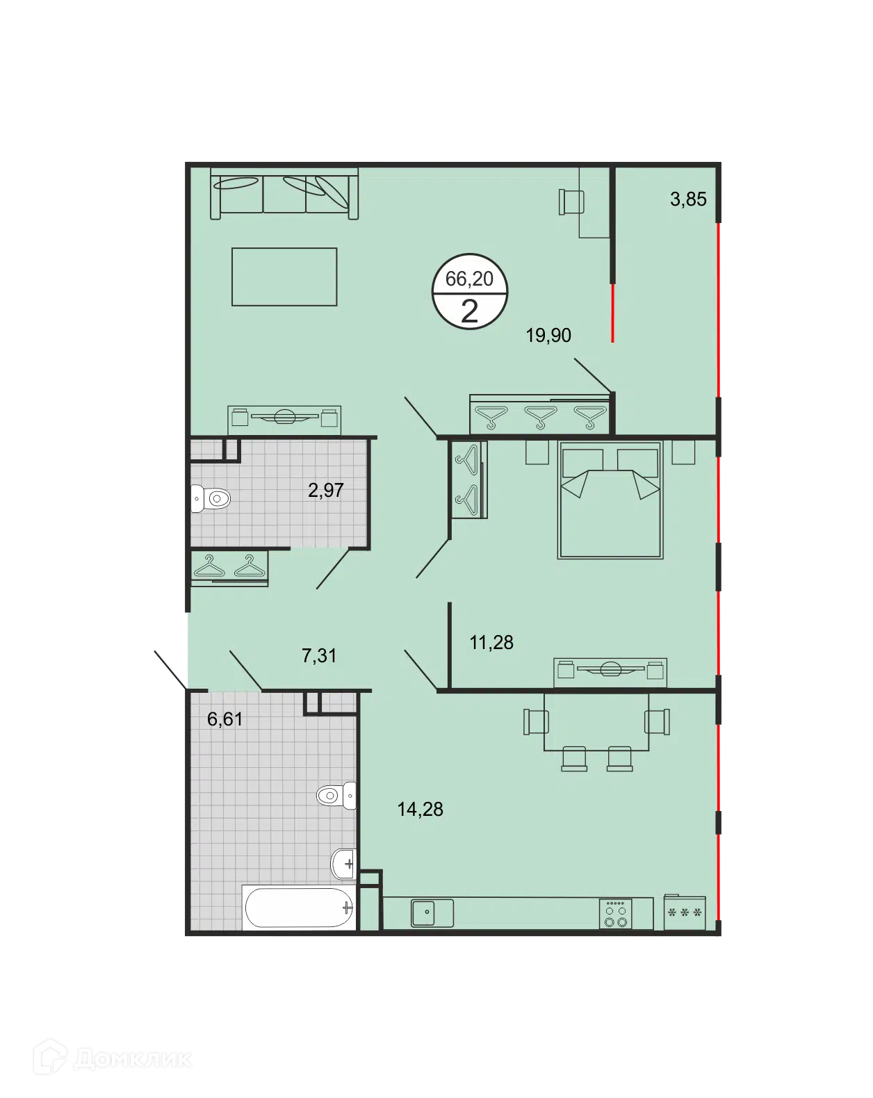 Планировка: 2-комн. квартира 66.20 м² в новостройке Дыхание