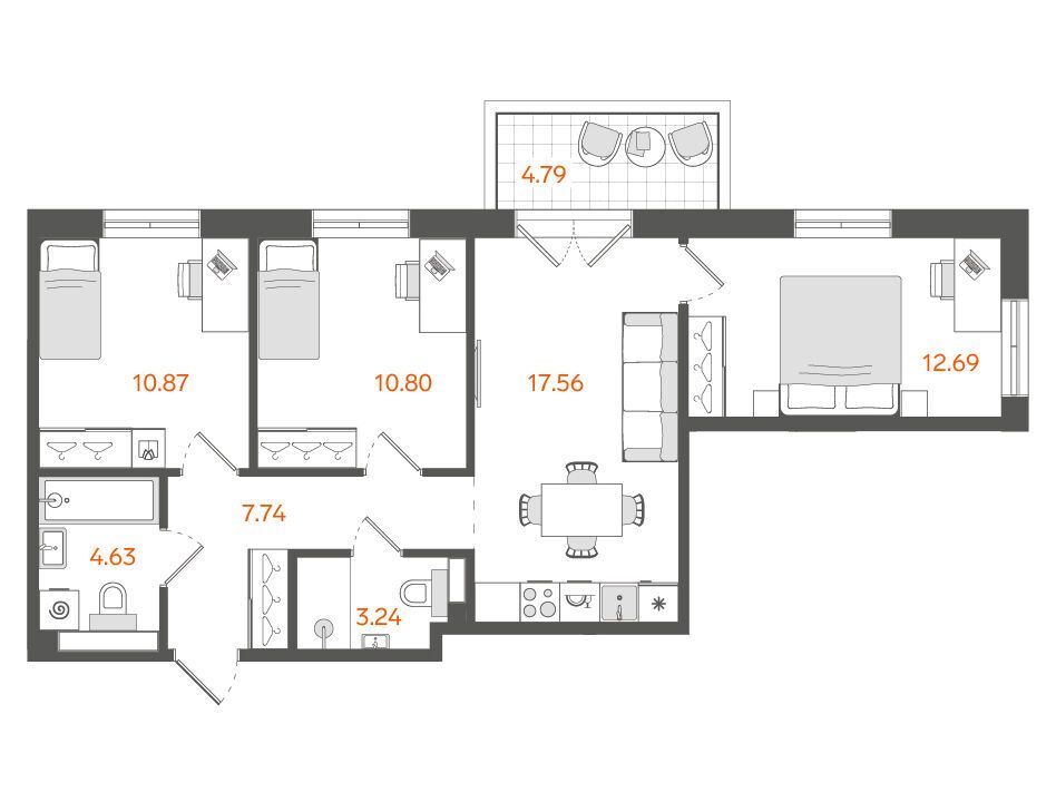 Планировка: 3-комн. квартира 69.00 м² в новостройке Ставни Обводный