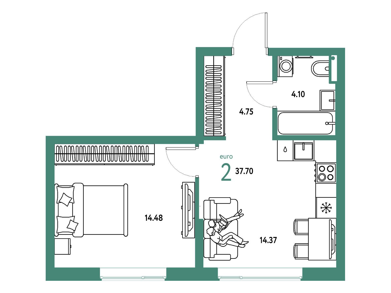 Планировка: 2-комн. квартира 37.70 м² в новостройке Страна Парковая