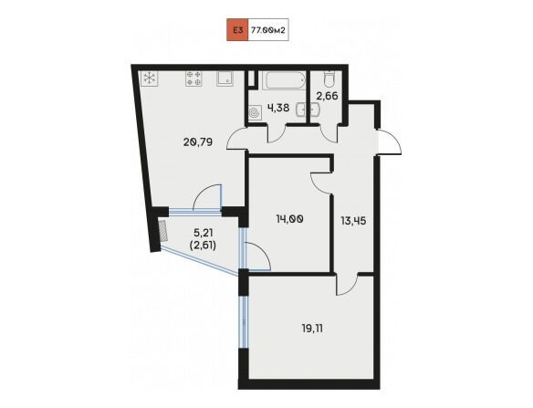 Планировка: 2-комн. квартира 77.61 м² в новостройке Дом Регенбоген