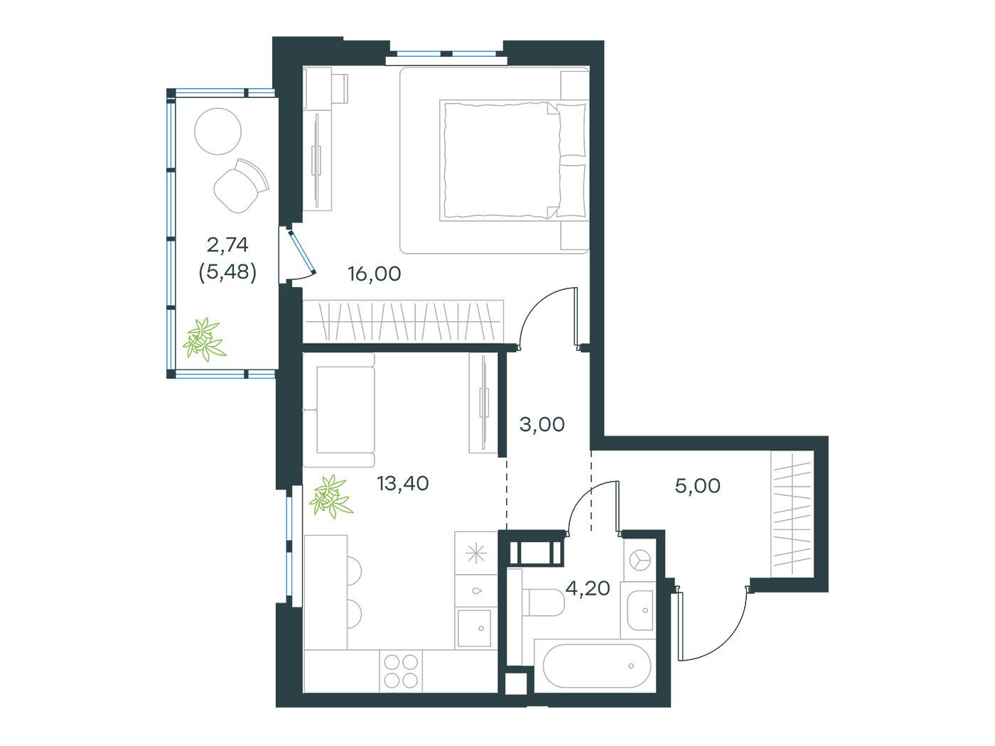 Планировка: 1-комн. квартира 43.20 м² в новостройке Левел Мечникова
