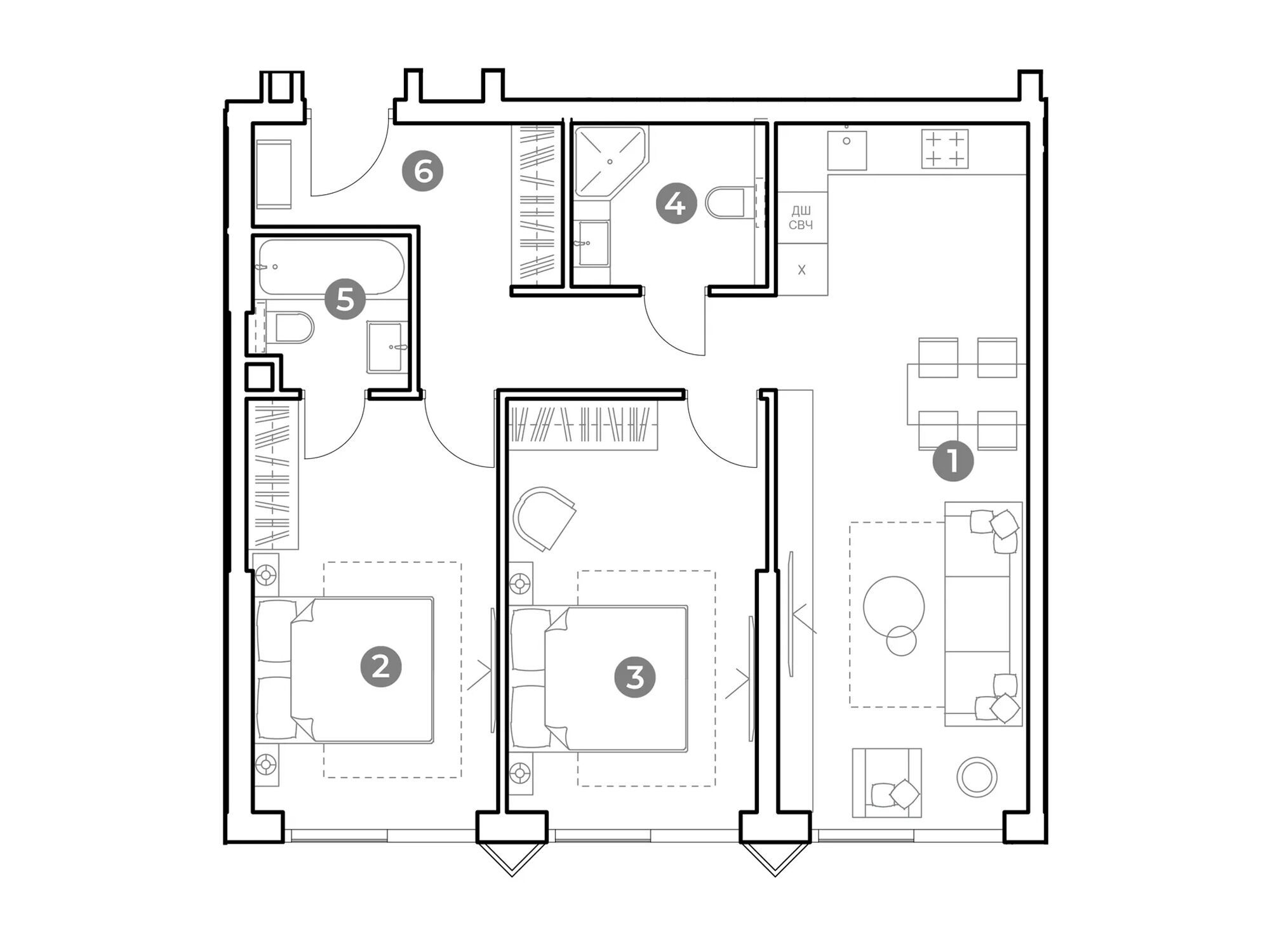 Планировка: 3-комн. квартира 70.60 м² в новостройке Наметкин Тауэр
