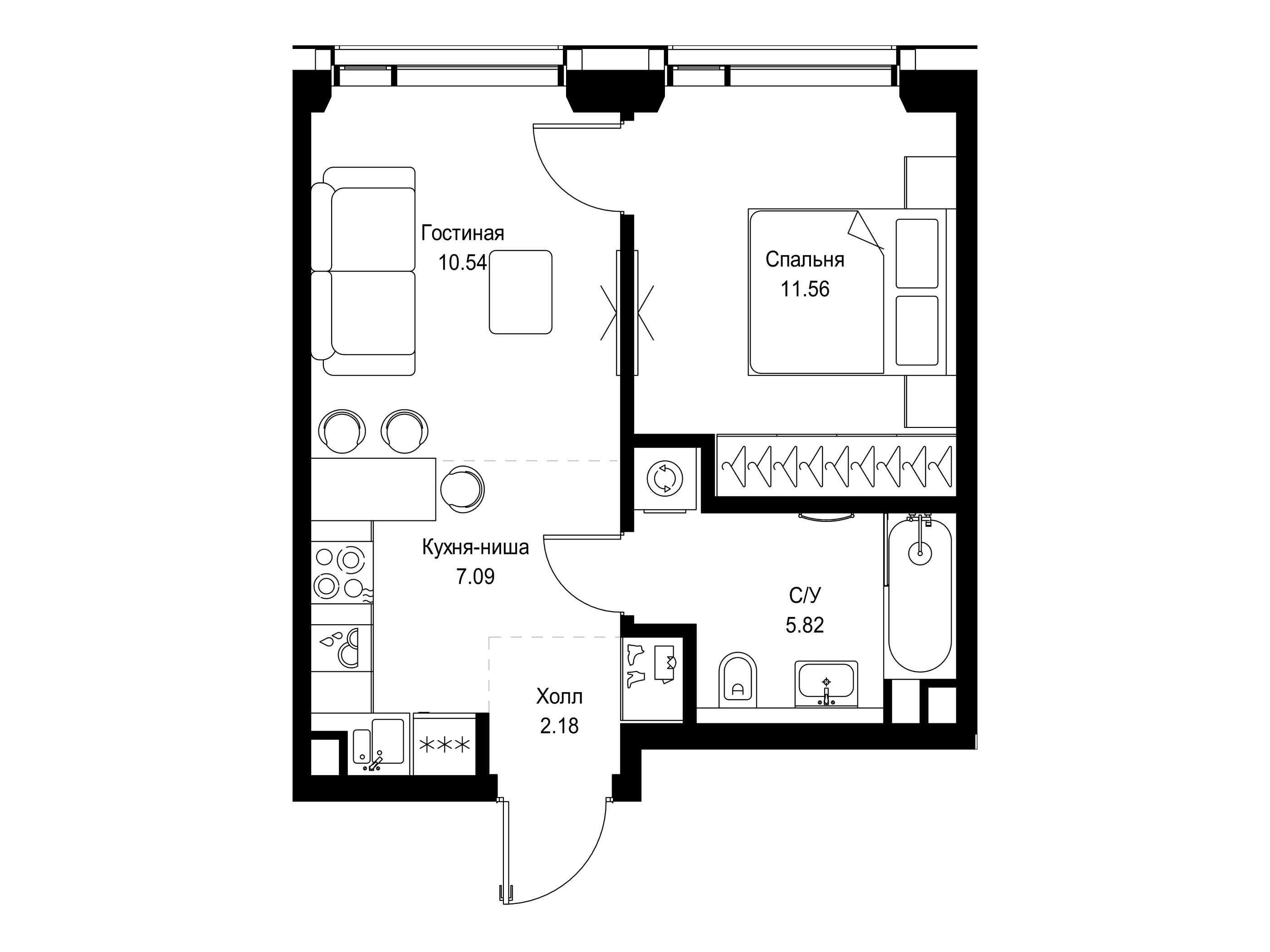 Планировка: 1-комн. квартира 37.19 м² в новостройке ЖК Сет