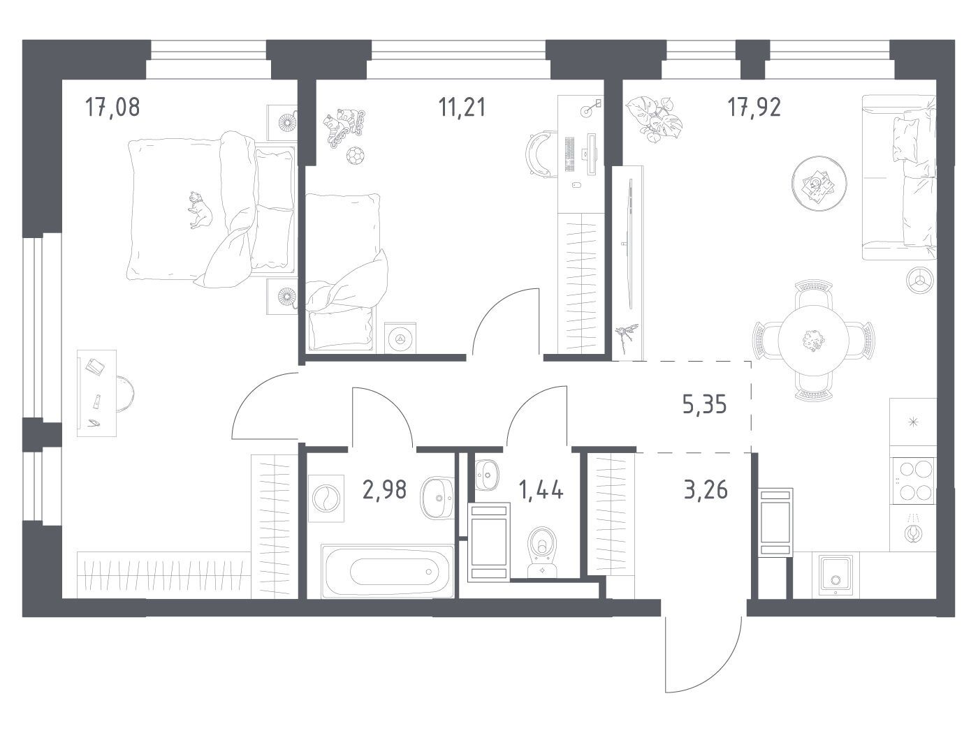 Планировка: 2-комн. квартира 59.24 м² в новостройке Новое Колпино